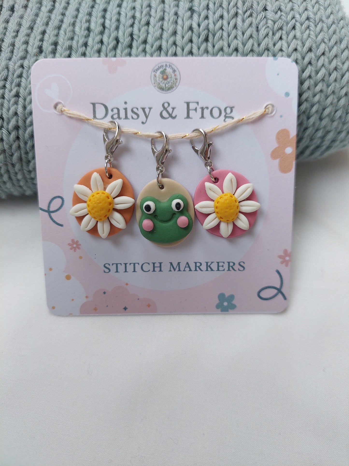 Daisy & Frog Polymer Clay Stitch Markers – Set of 3
