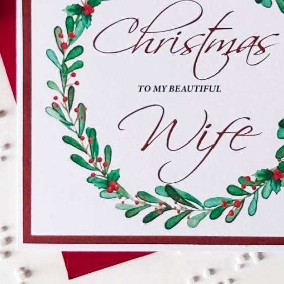 Wife Christmas card, A holly wreath Christmas card for your beautiful wife,