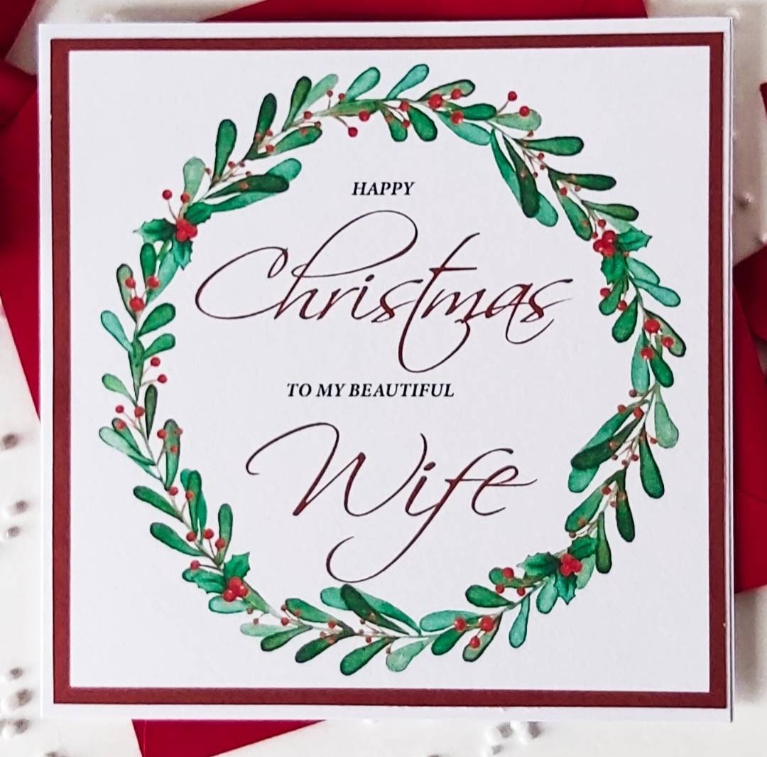 Wife Christmas card, A holly wreath Christmas card for your beautiful wife,