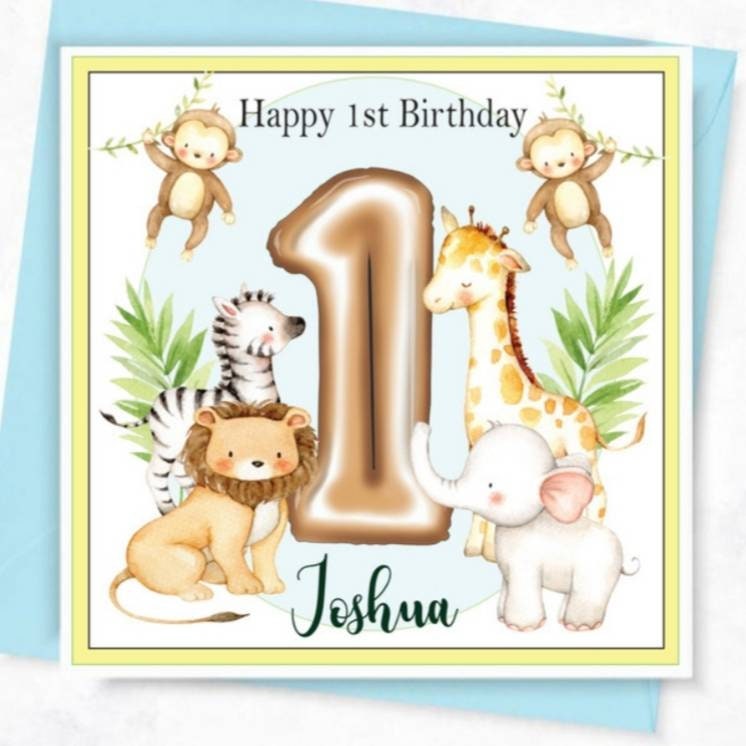 Personalised first birthday card, jungle safari animal age card