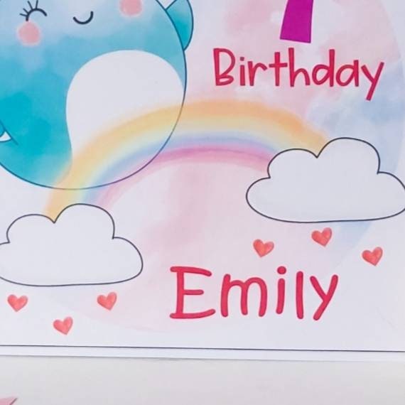 Narwhal personalised girls birthday age card, age 7 birthday card for girl