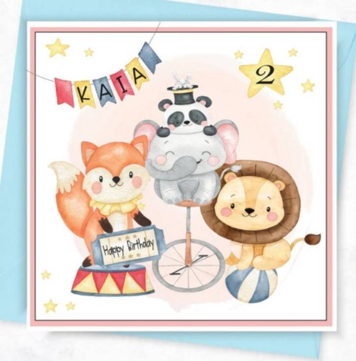 Personalised 1st birthday card, circus animal childrens age card
