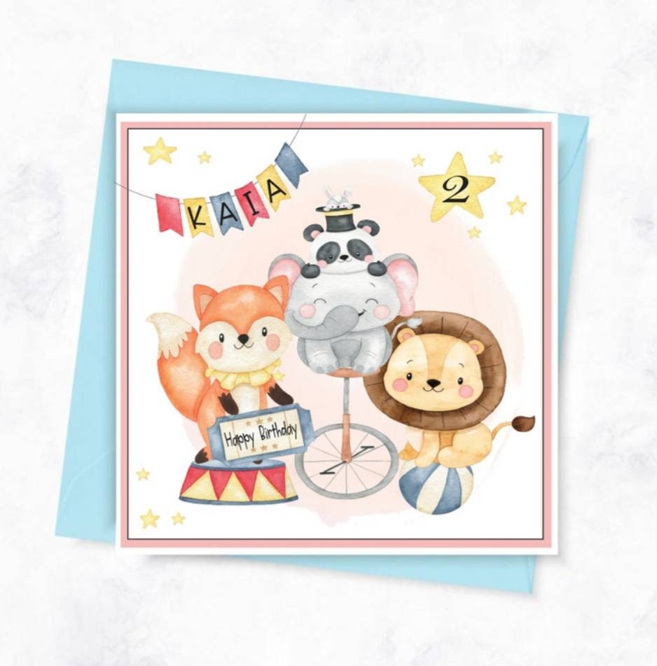 Personalised 1st birthday card, circus animal childrens age card