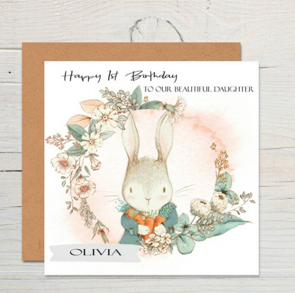 Personalised 1st birthday rabbit card, son / daughter 1st 2nd birthday card