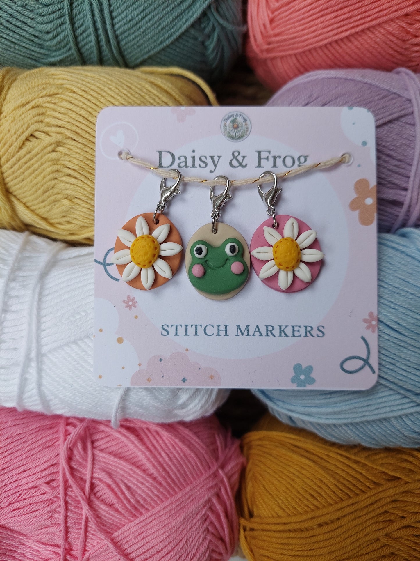 Daisy & Frog Polymer Clay Stitch Markers – Set of 3