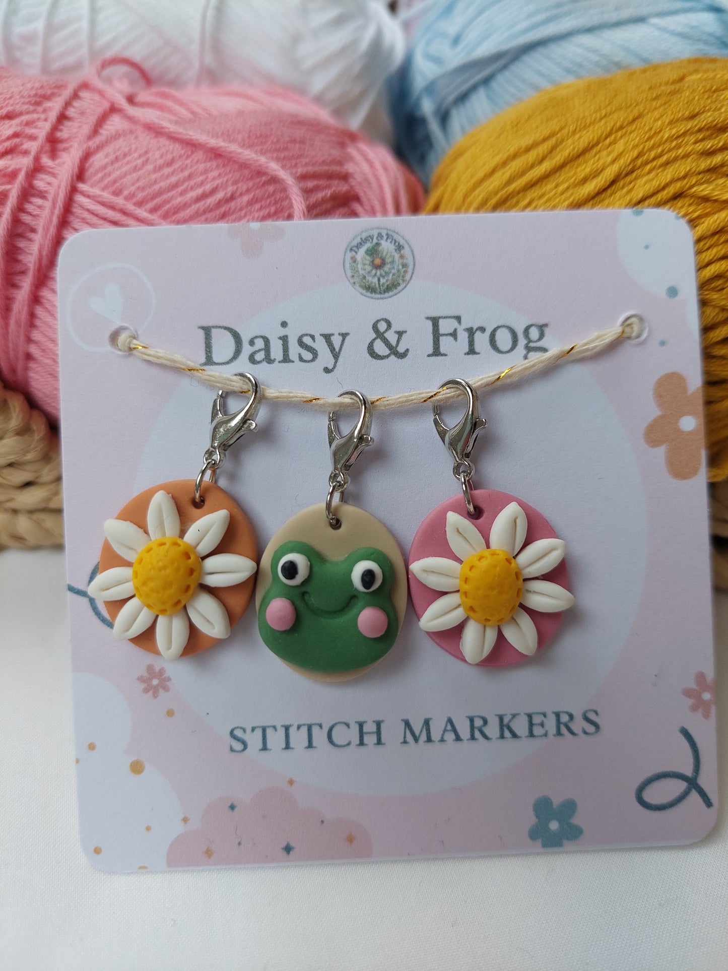Daisy & Frog Polymer Clay Stitch Markers – Set of 3