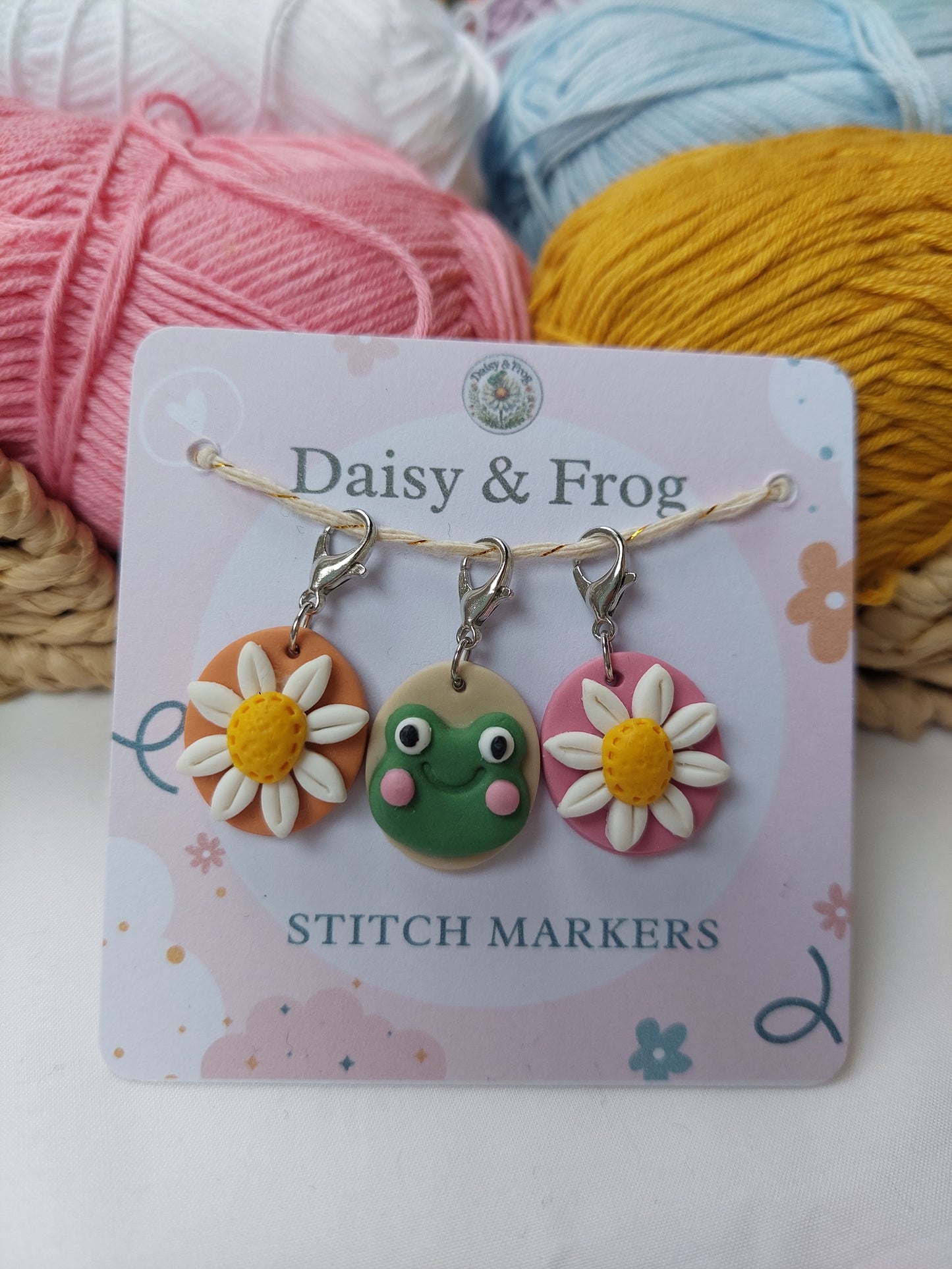Daisy & Frog Polymer Clay Stitch Markers – Set of 3