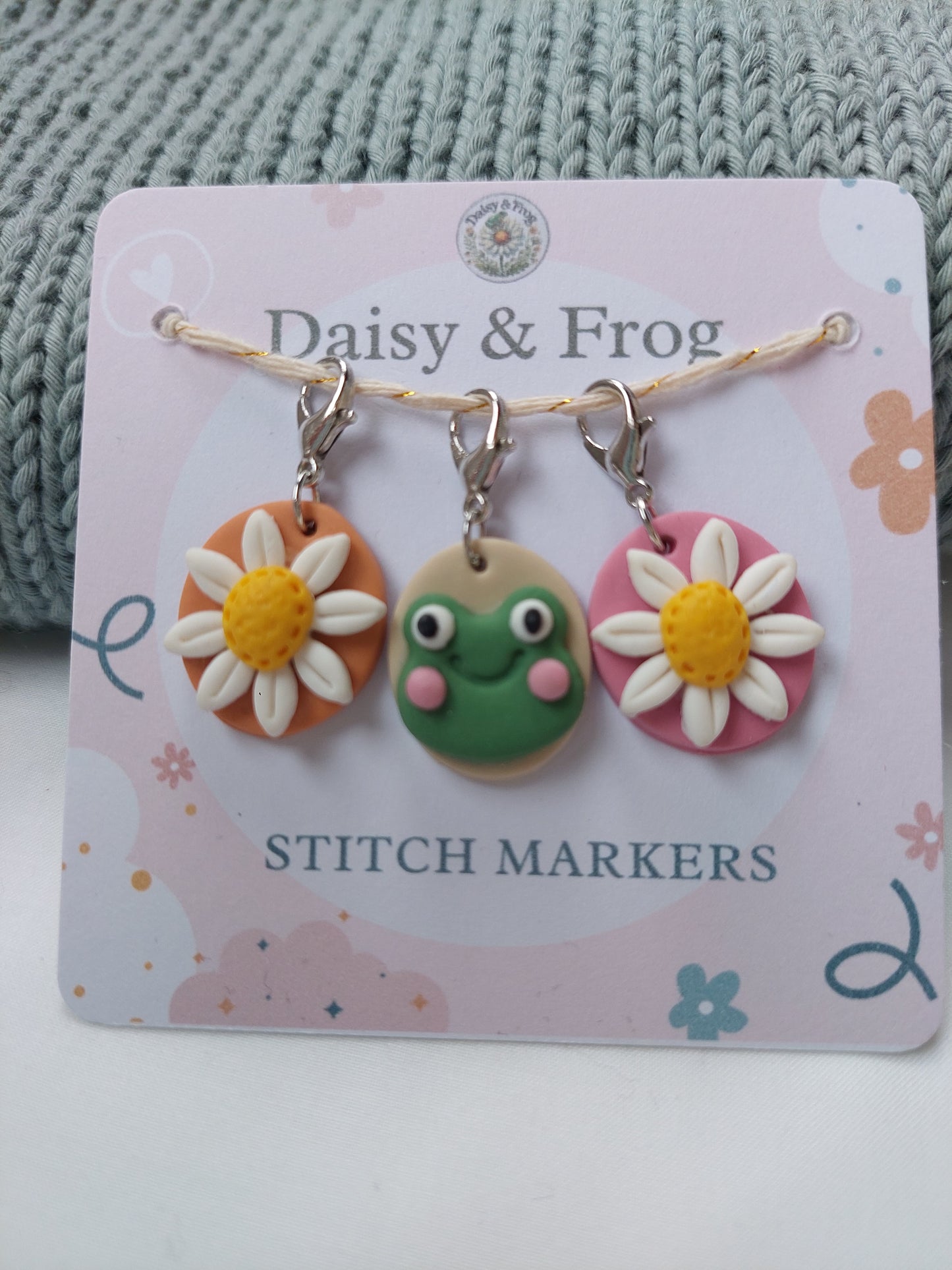 Daisy & Frog Polymer Clay Stitch Markers – Set of 3