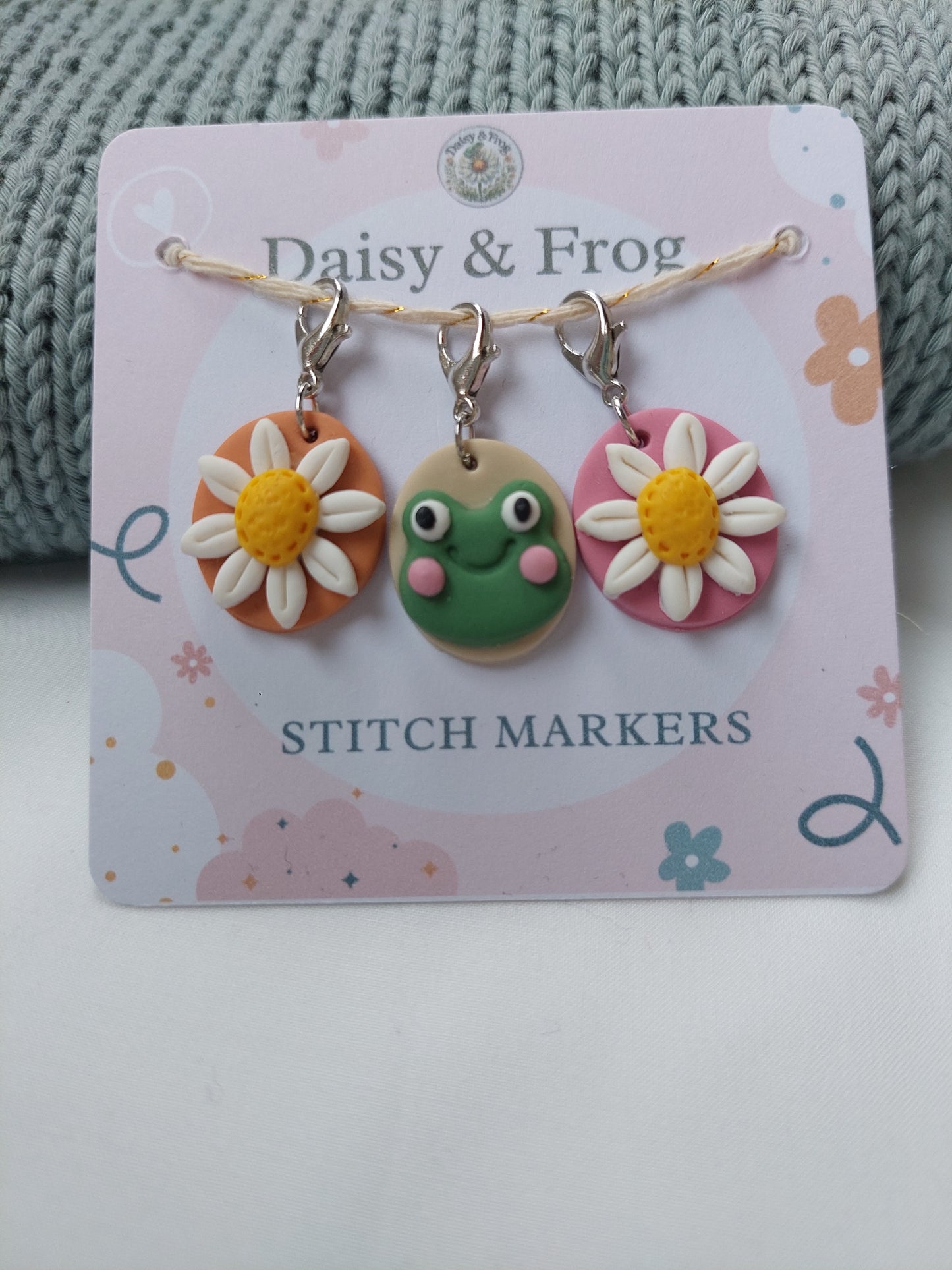 Daisy & Frog Polymer Clay Stitch Markers – Set of 3