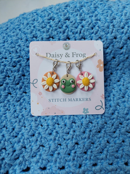 Daisy & Frog Polymer Clay Stitch Markers – Set of 3