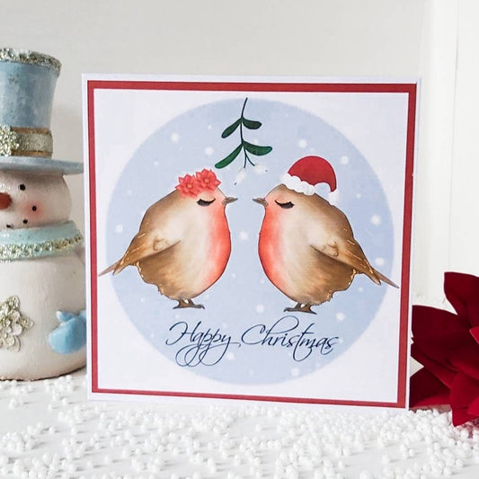 Robin Christmas card, robin card for husband, robin card for wife, Christmas Robin's, robin love card, kissing under the mistletoe card