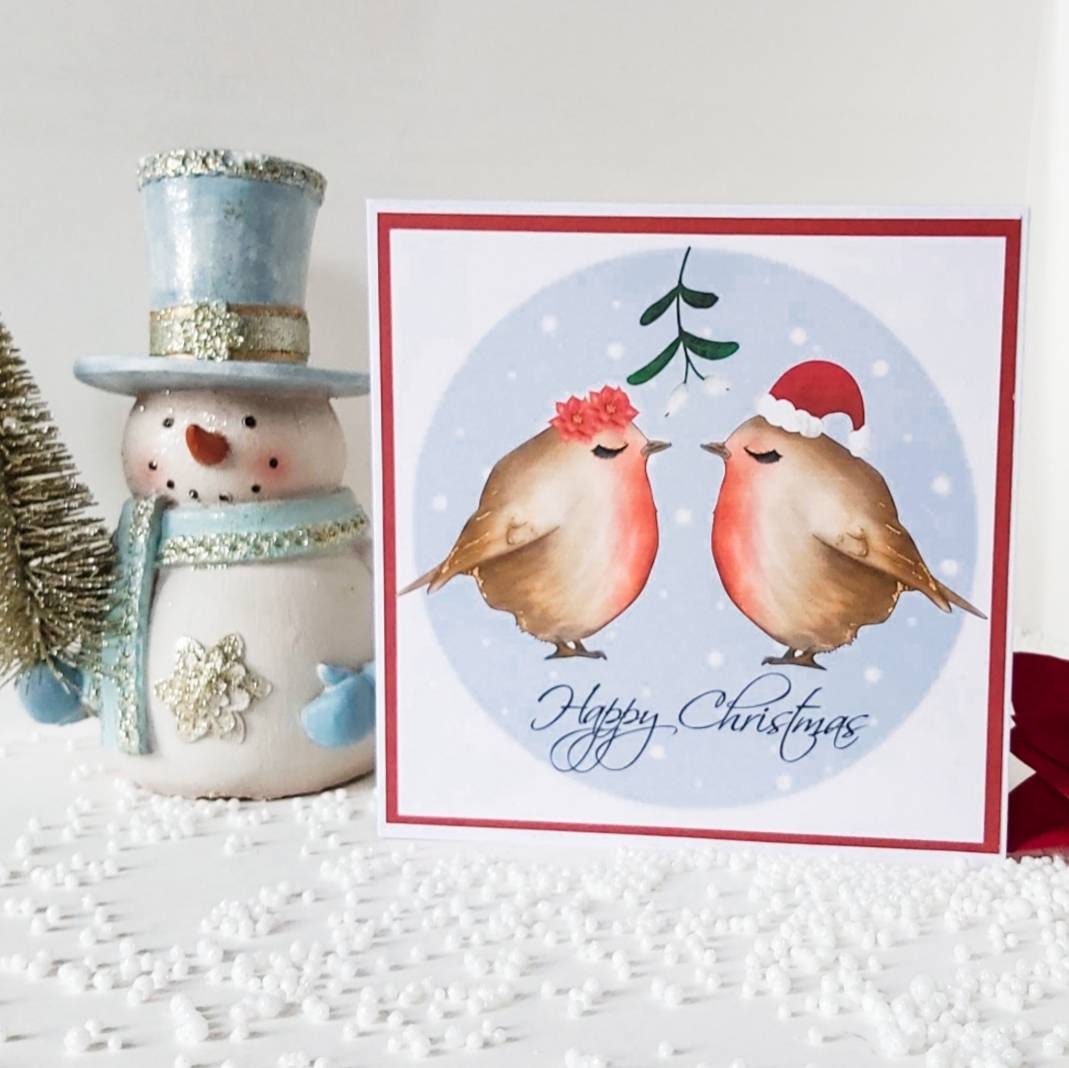 Robin Christmas card, robin card for husband, robin card for wife, Christmas Robin's, robin love card, kissing under the mistletoe card