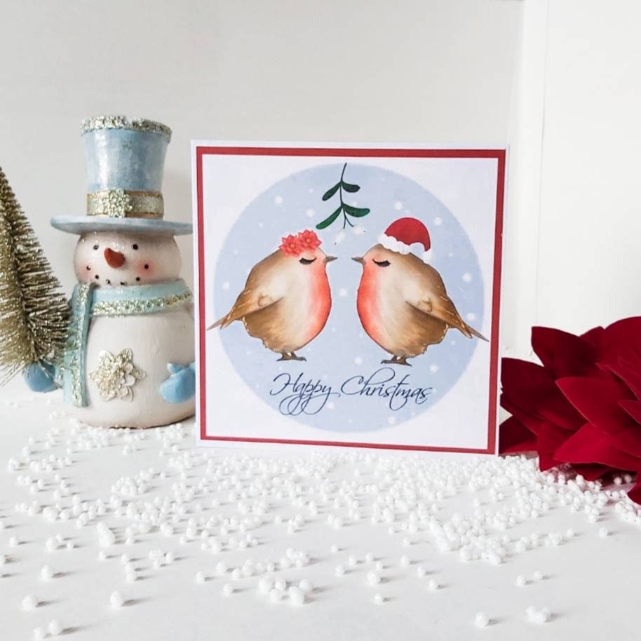 Robin Christmas card, robin card for husband, robin card for wife, Christmas Robin's, robin love card, kissing under the mistletoe card