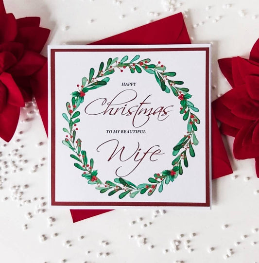 Wife Christmas card, A holly wreath Christmas card for your beautiful wife,