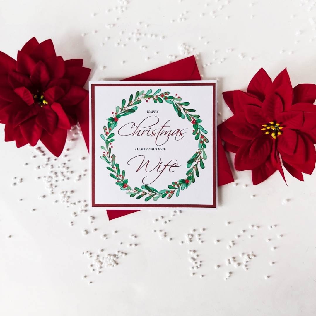 Wife Christmas card, A holly wreath Christmas card for your beautiful wife,
