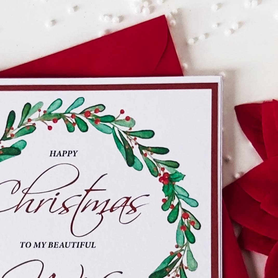 Wife Christmas card, A holly wreath Christmas card for your beautiful wife,