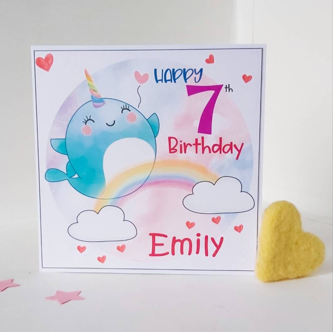 Narwhal personalised girls birthday age card, age 7 birthday card for girl