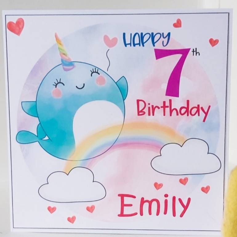 Narwhal personalised girls birthday age card, age 7 birthday card for girl