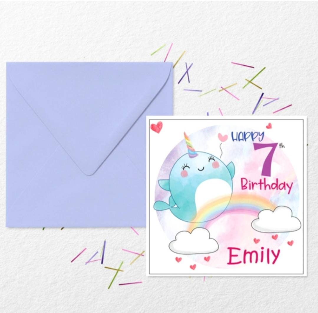 Narwhal personalised girls birthday age card, age 7 birthday card for girl