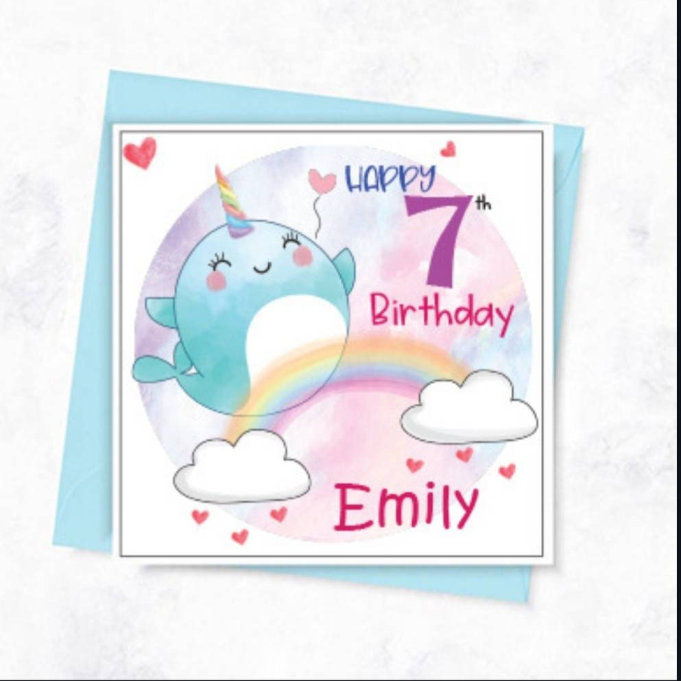 Narwhal personalised girls birthday age card, age 7 birthday card for girl