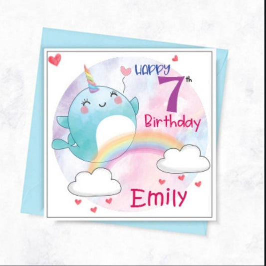 Narwhal personalised girls birthday age card, age 7 birthday card for girl