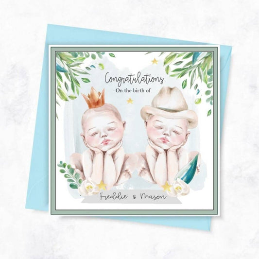 New baby boy twins card, it's twin boys card, personalised twins baby card