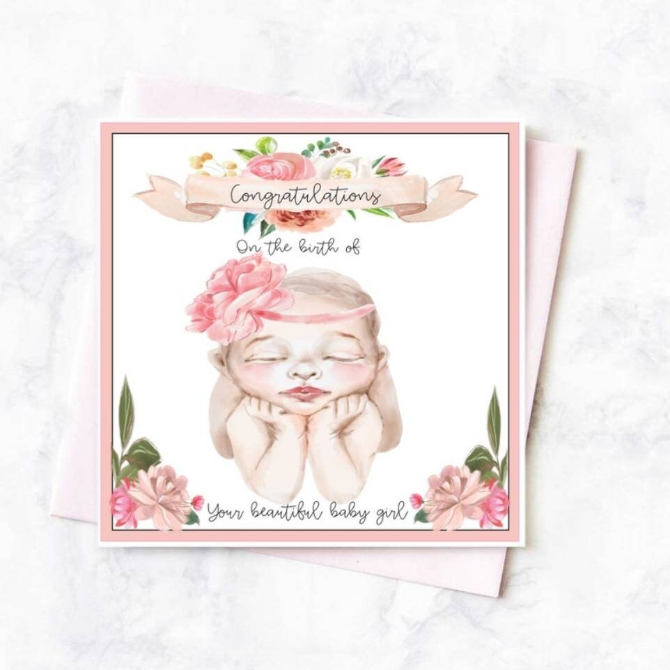 New baby girl card, personalised it's a girl new baby card