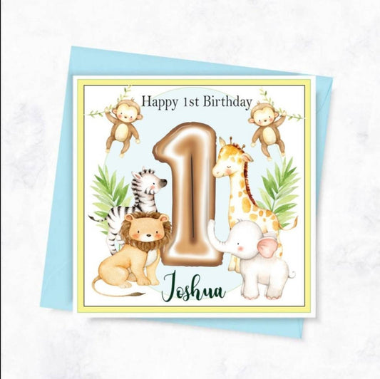 Personalised first birthday card, jungle safari animal age card
