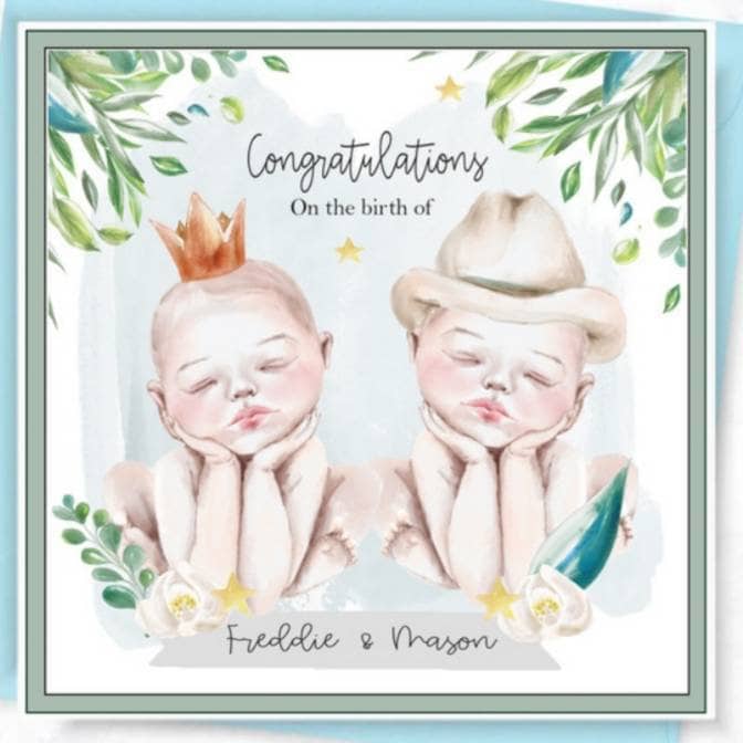New baby boy twins card, it's twin boys card, personalised twins baby card