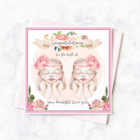 Twin birth card, Personalised new baby twin girls card, it's twins card