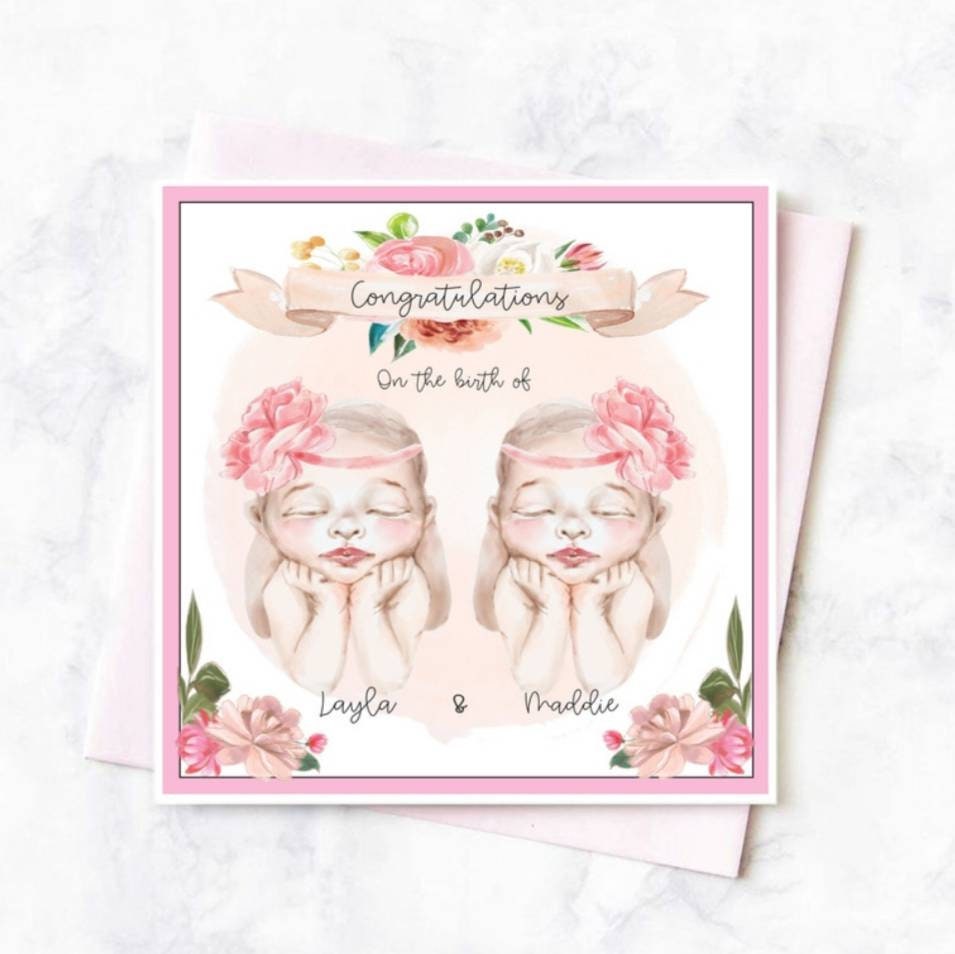 Personalised new baby twin girls card, it's twins card