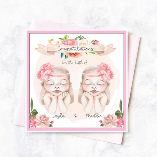 Personalised new baby twin girls card, it's twins card