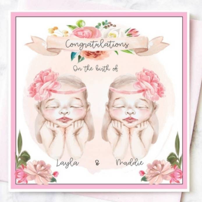 Personalised new baby twin girls card, it's twins card