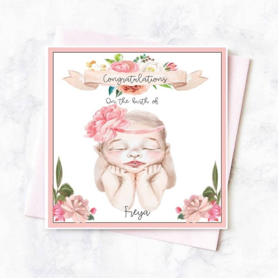 New baby girl card, personalised it's a girl new baby card