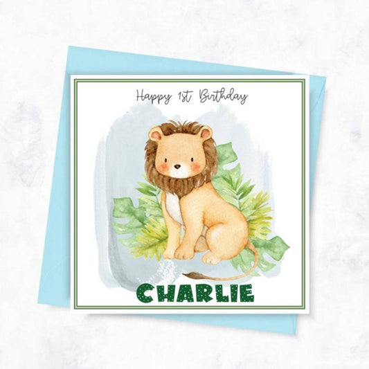 Personalised lion first birthday card, jungle safari animal age card