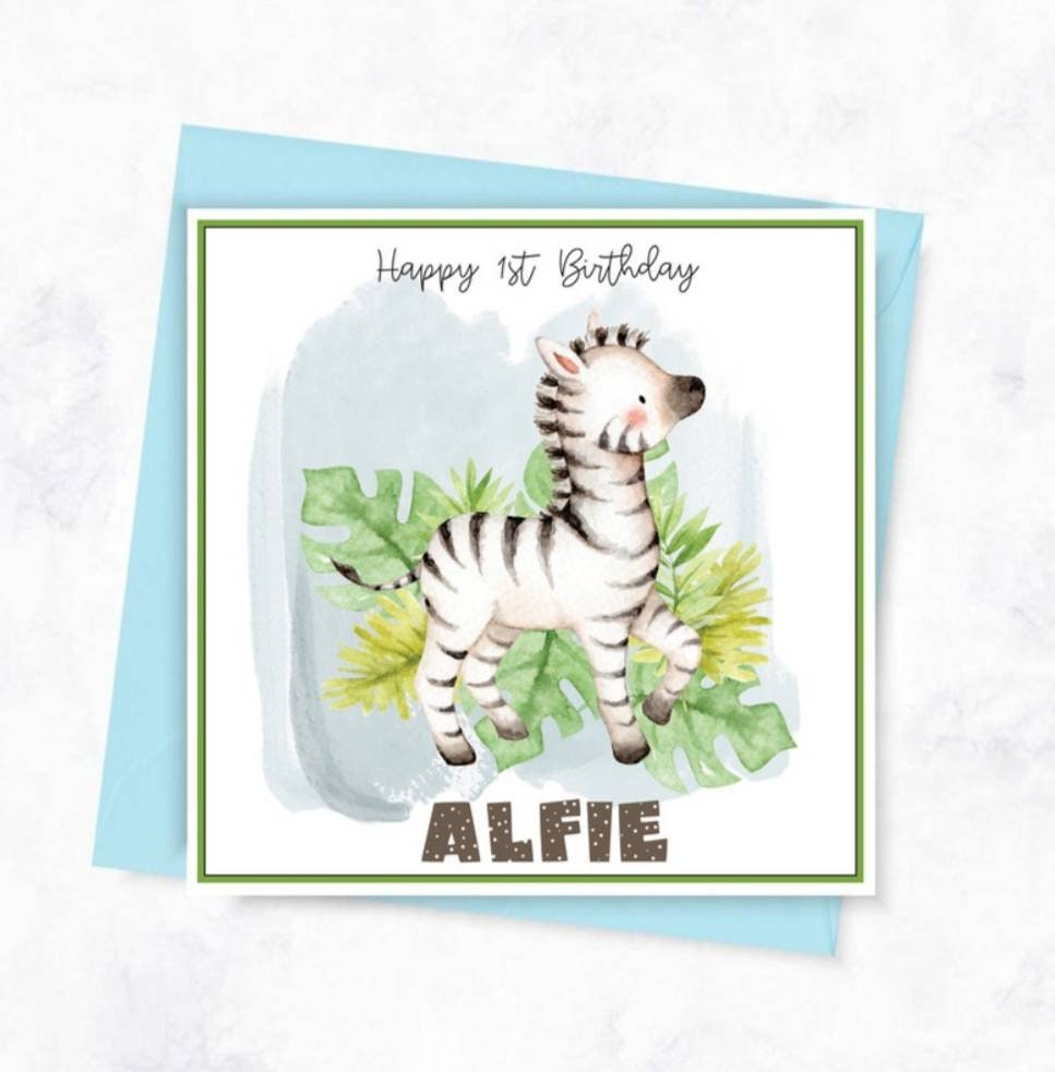 Personalised first birthday giraffe card, jungle safari animal age card