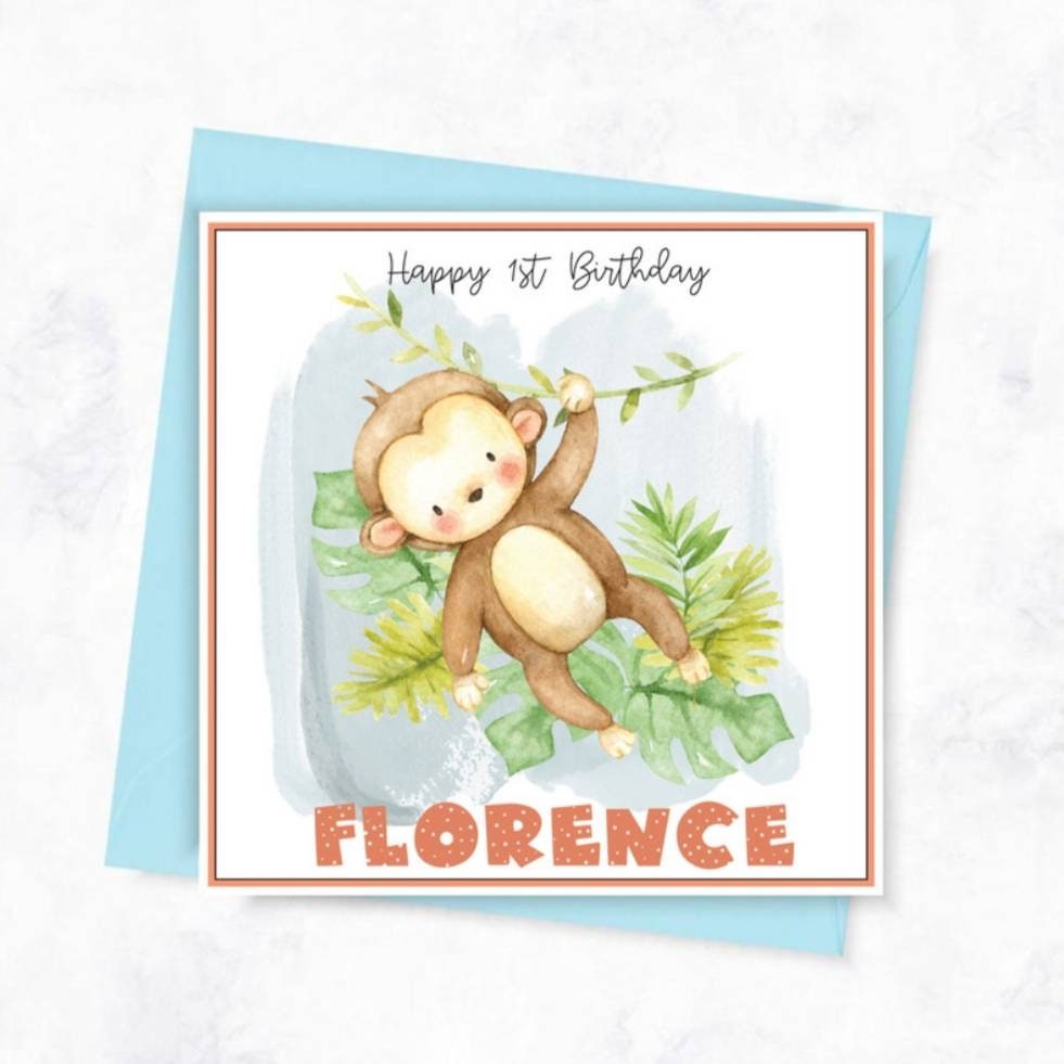 Personalised first birthday giraffe card, jungle safari animal age card