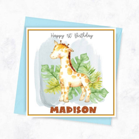 Personalised first birthday giraffe card, jungle safari animal age card