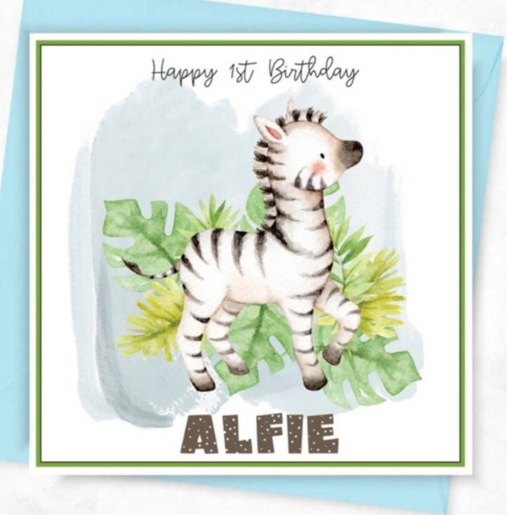 Zebra Personalised first birthday card, jungle safari animal age card