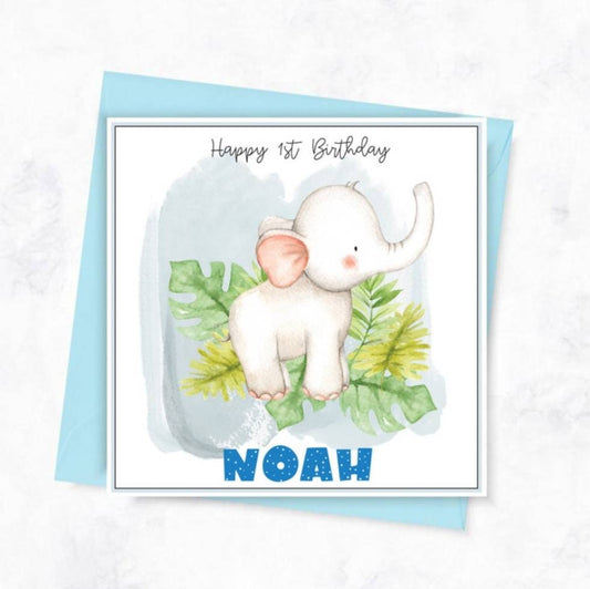 Personalised first birthday elephant card, jungle safari animal age card