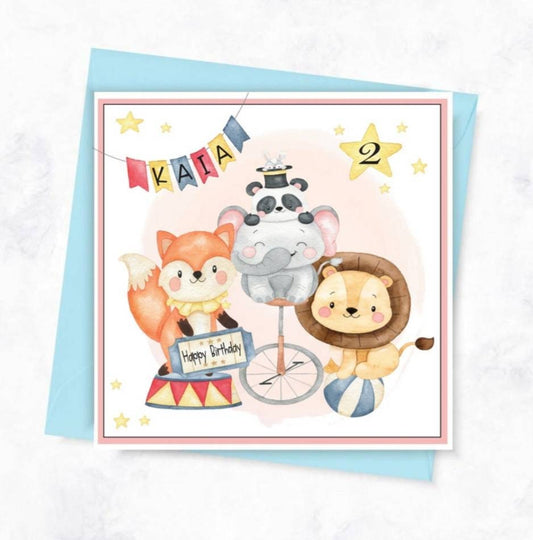 Personalised 1st birthday card, circus animal childrens age card