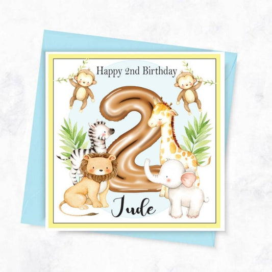 Personalised 2nd birthday card, jungle safari animal age card