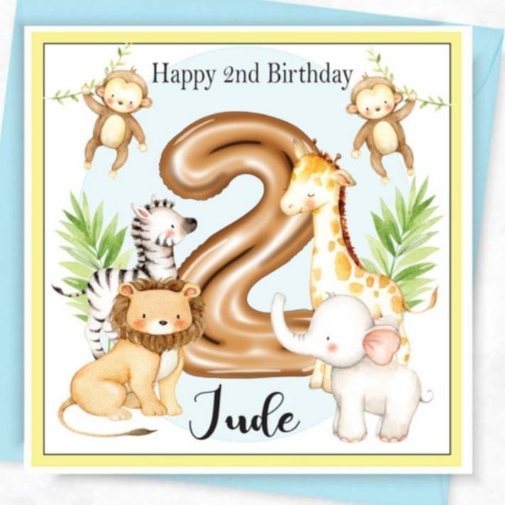 Personalised 2nd birthday card, jungle safari animal age card