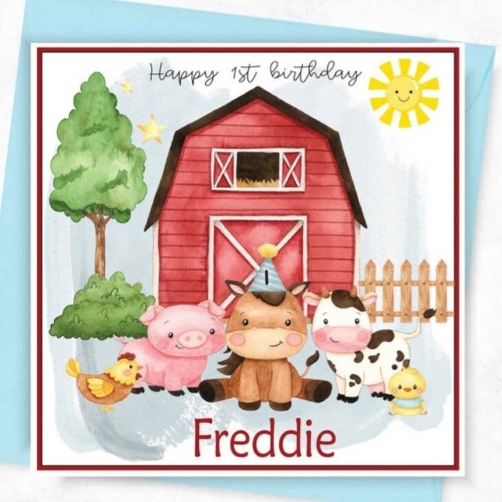 Personalised Farmyard birthday card, farm animals age card