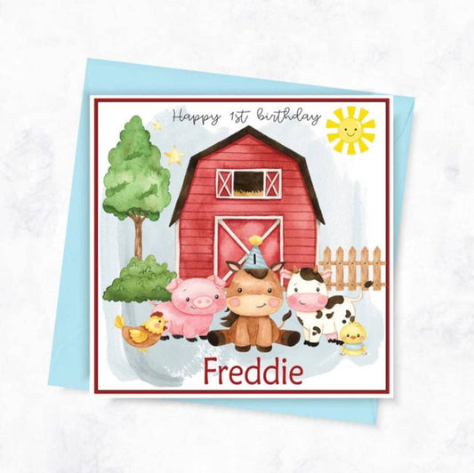 Personalised Farmyard birthday card, farm animals age card