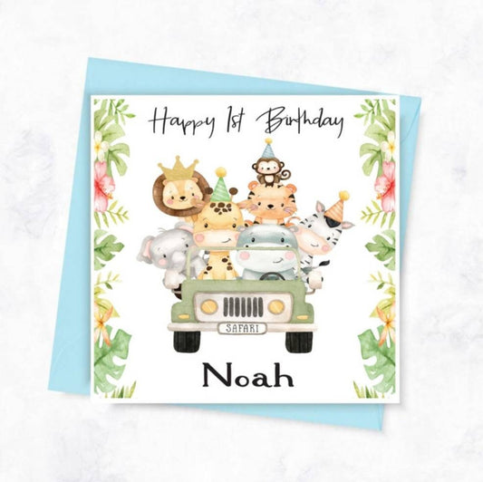 Personalised first birthday safari card, jungle safari animal age card