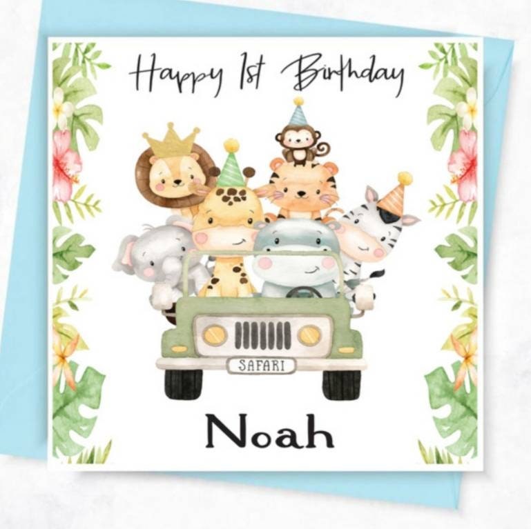 Personalised first birthday safari card, jungle safari animal age card