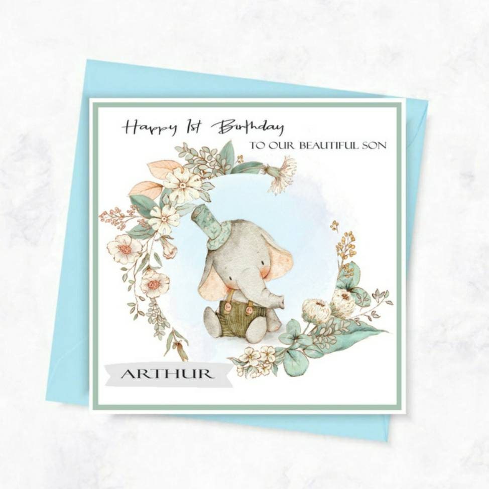 Cute elephant birthday card, personalised 1st birthday card son / daughter