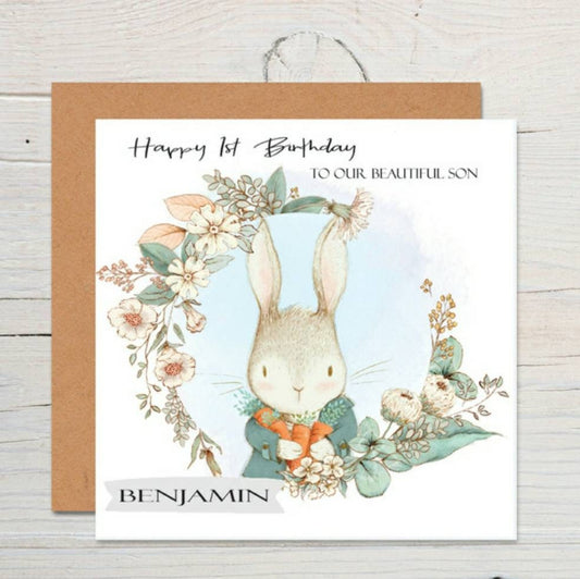 Personalised 1st birthday rabbit card, son / daughter 1st 2nd birthday card