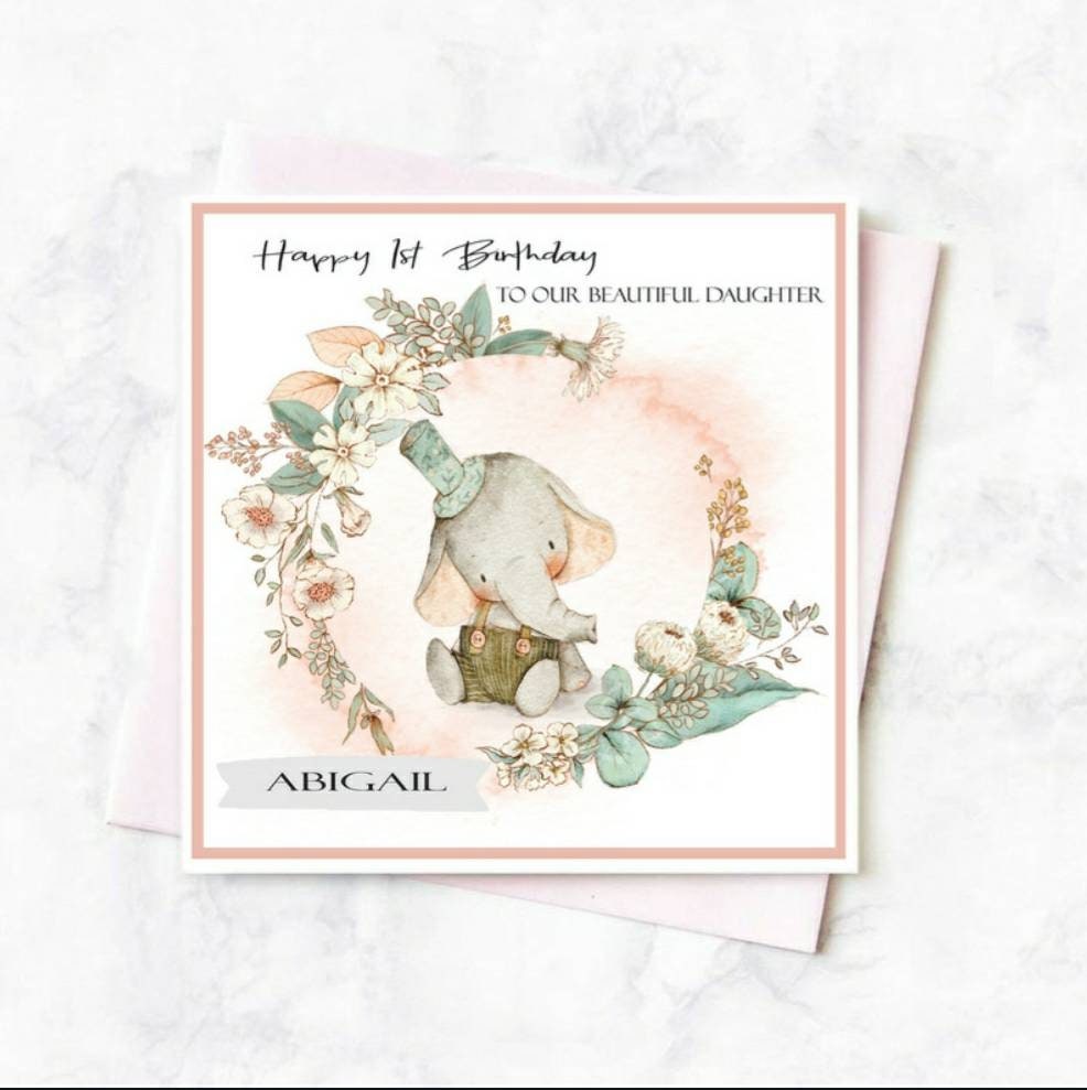 Cute elephant birthday card, personalised 1st birthday card son / daughter